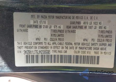 2018 Mazda Mazda3 Sport z USA, uszkodzony, nr VIN 3MZBN1U79JM238996